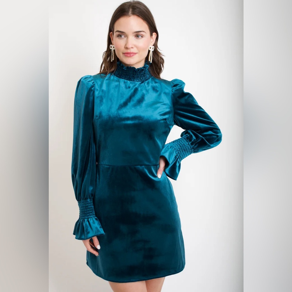 Teal Velvet Smocked Dress